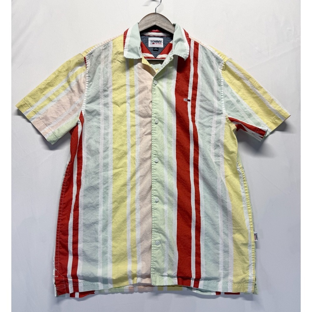 Tommy Hilfiger Shirt Mens S Multicolor Vertical Striped Cuban Collar Button Up
